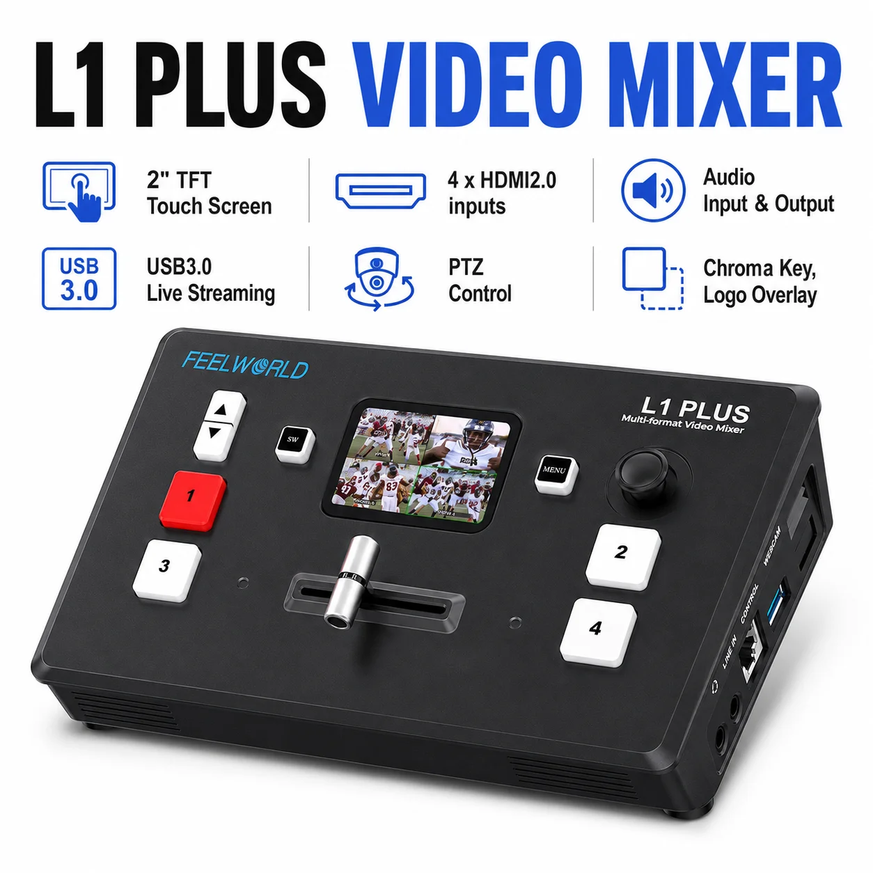 FEELWORLD L1 PLUS Multi-Camera Video Mixer Switcher 4K Input 2-Inch Touch Screen PTZ Control USB3.0 Fast Streaming