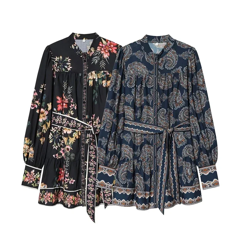 Women's Short Dress Fashion Lace-up Print Dresses Spring Women V-Neck Long Sleeves Dresses Vintage Female Elegant Party Dresses