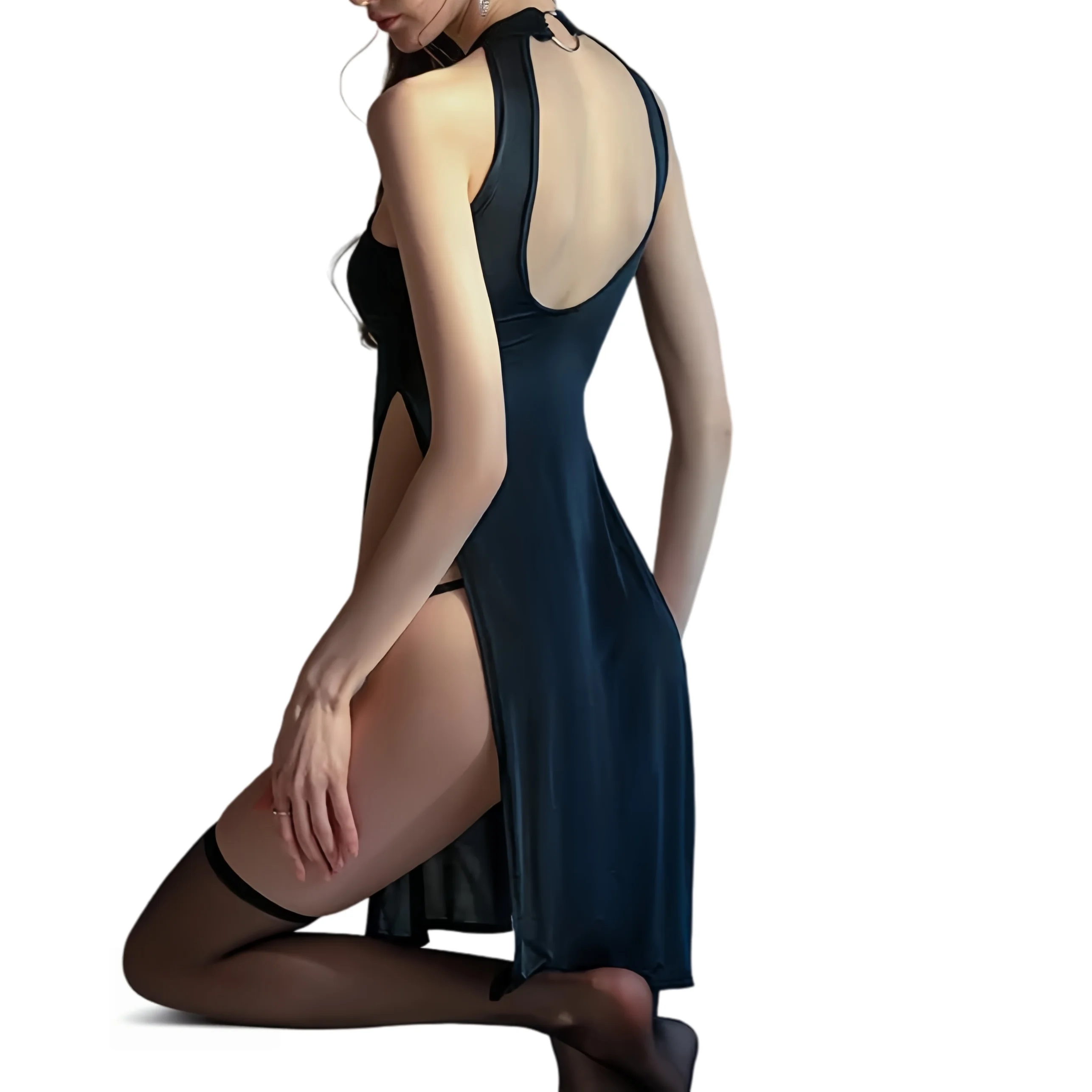 Women's Black Backless Sleeveless Bandage High Split silk Dresses sexy Bodycon Long Cheongsam Mini Dress plus size Spring Summer