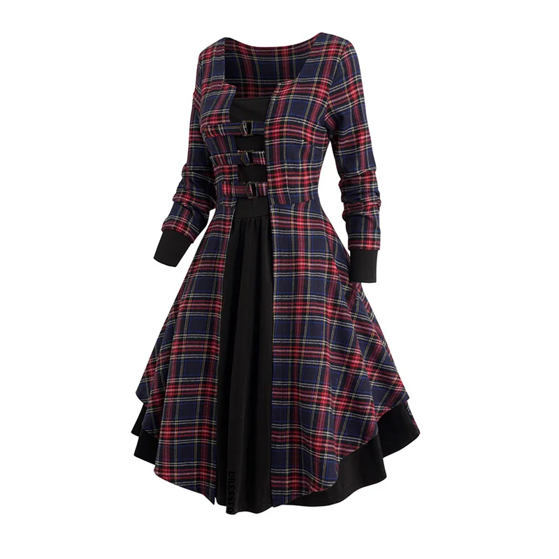 Dressfo 2024 Womens Dresses Plaid Print Mini Faux Twinset Dress Buckle Strap Long Sleeve Casual Dress