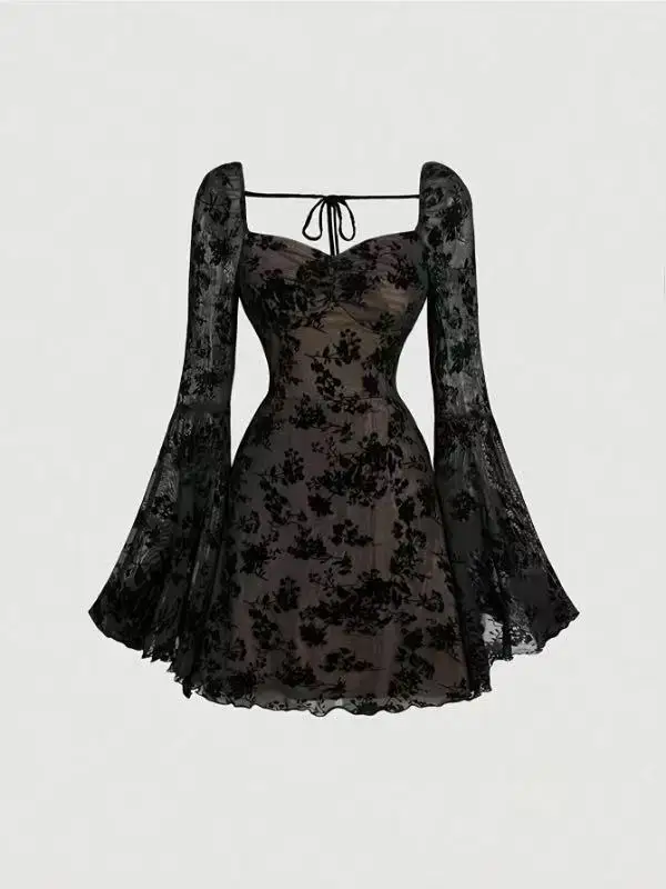 Sexy Womens Dress Temperament Embroidered Slim Fashion Elegant Evening Gown Long Sleeve Lace Strappy High Waist A-Line Vestido