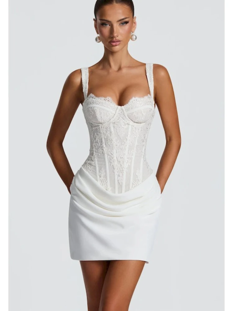 Lace Patchwork Pleated Fishbone Suspender Sleeveless Short Skirt Sexy Lace Up Dinner Dress Elegant Solid Color Square Neck Dress