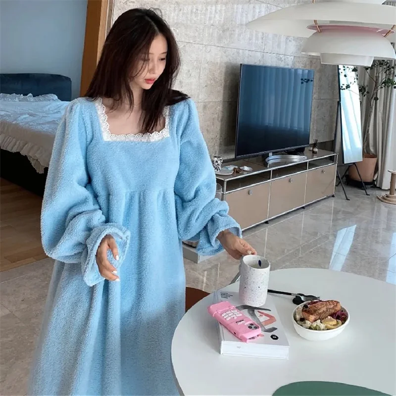 Pajama Long Dress Women's 2023 Autumn/Winter New Korean Version Loose and Warm Flannel Home Lazy Dress ins Commuter Solid Square