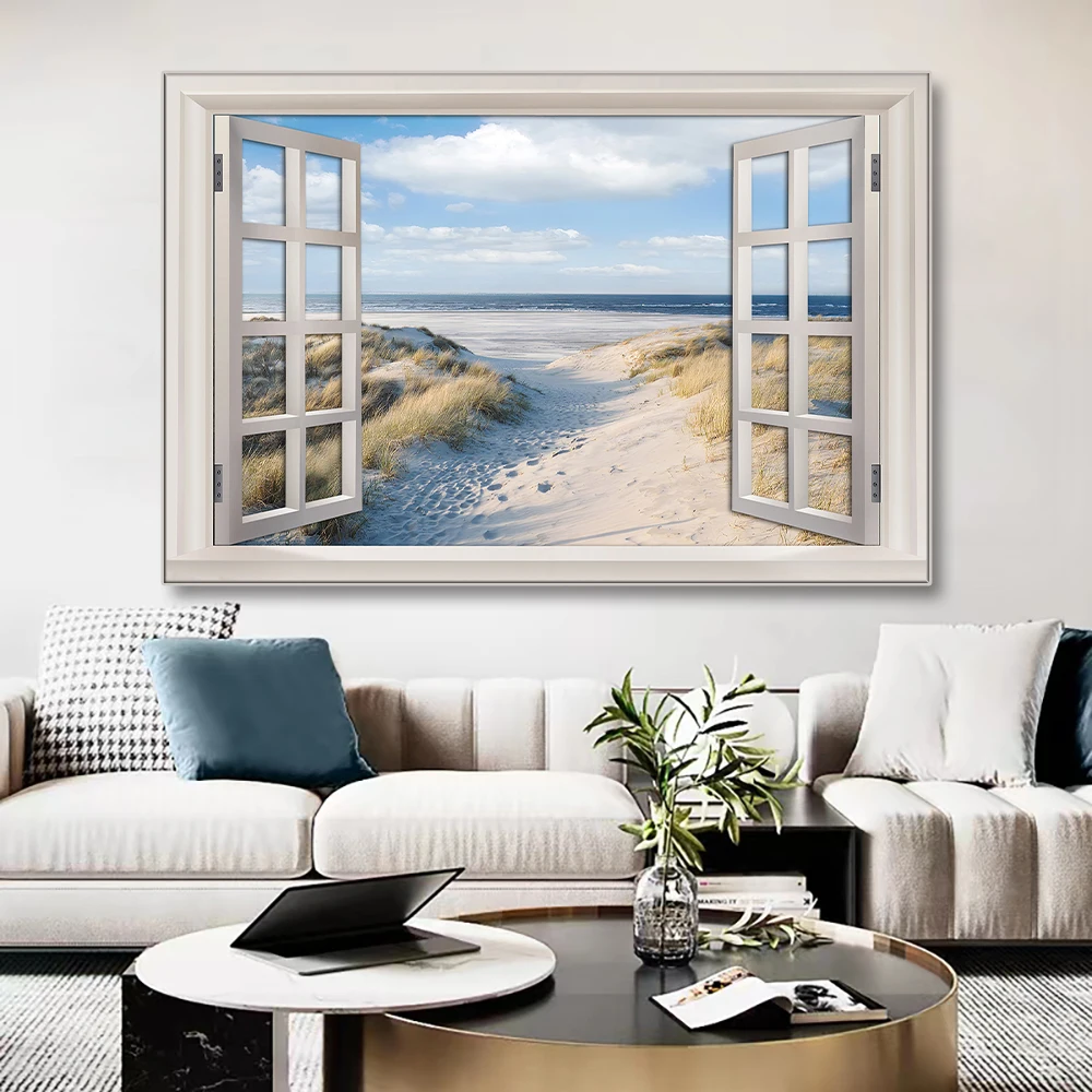 Nordic 3D Window View Beach Wall Painting Modern Seaside Landscape Canvas Poster for Living Room Home Decor Cuadros No Frame