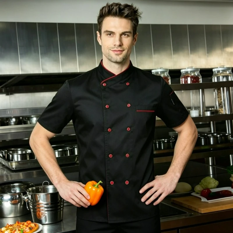 Short Sleeve Chef Jacket Professional Chef Uniform for Men Women Hotel Kitchen Catering Work Clothes
