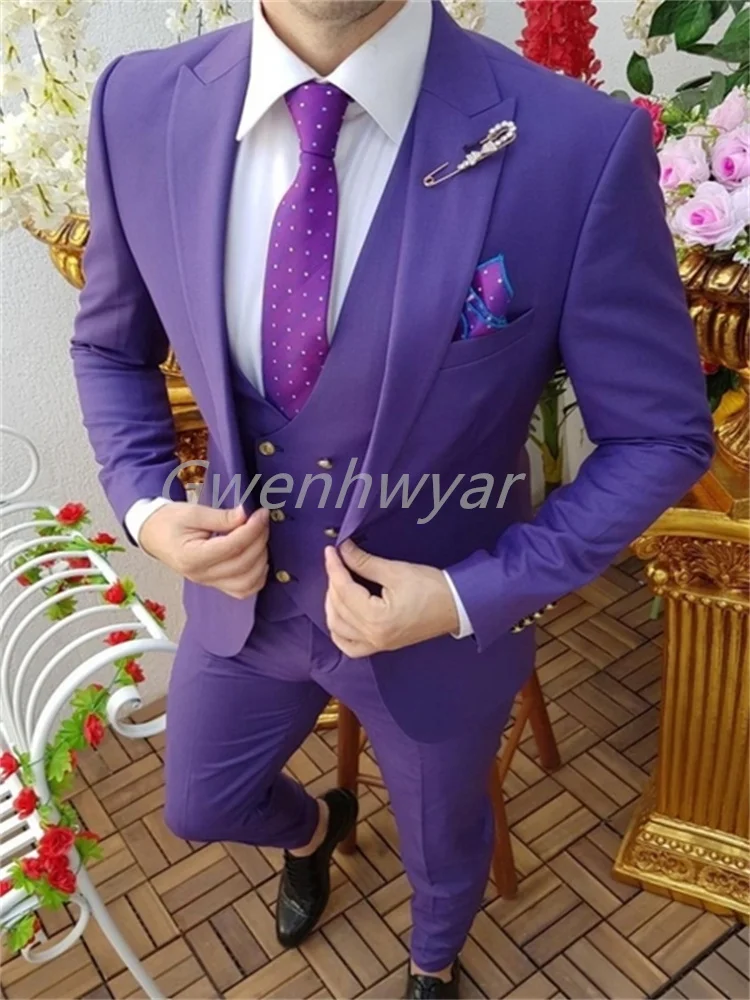 Gwenhwyar Fashion Purple Slim Fit Men's Suit Wedding Groom 3 Piece Jacket Vest Pants Suit Professional Formal Business Blazer