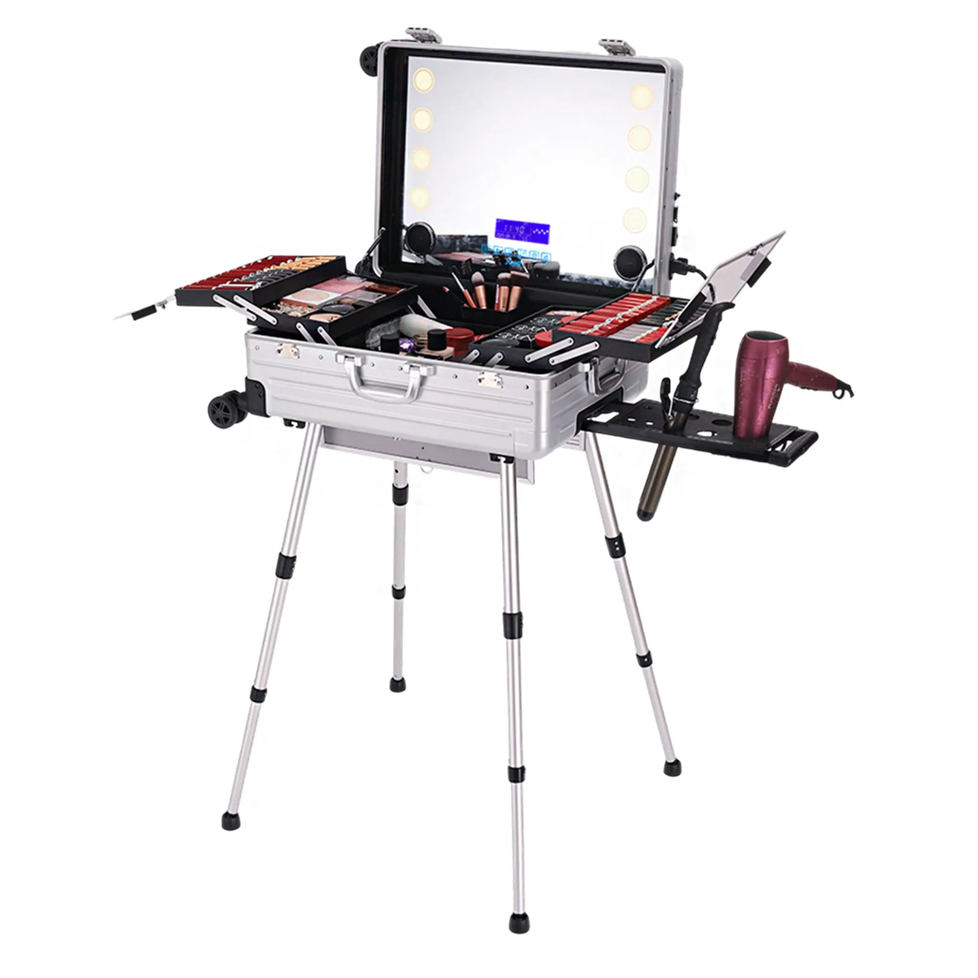 Aluminum-magnesium alloy makeup case with professional makeup stylist lights, 24-inch large capacity dimmable Bluetooth tempered
