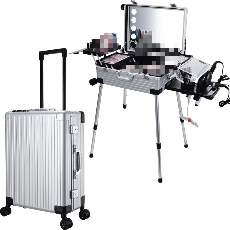 24'' Full Screen Makeup Box with Lighted Mirror Bluetooth Speaker Rolling Makeup Case Trolley Aluminum Barber Hair Salon Station