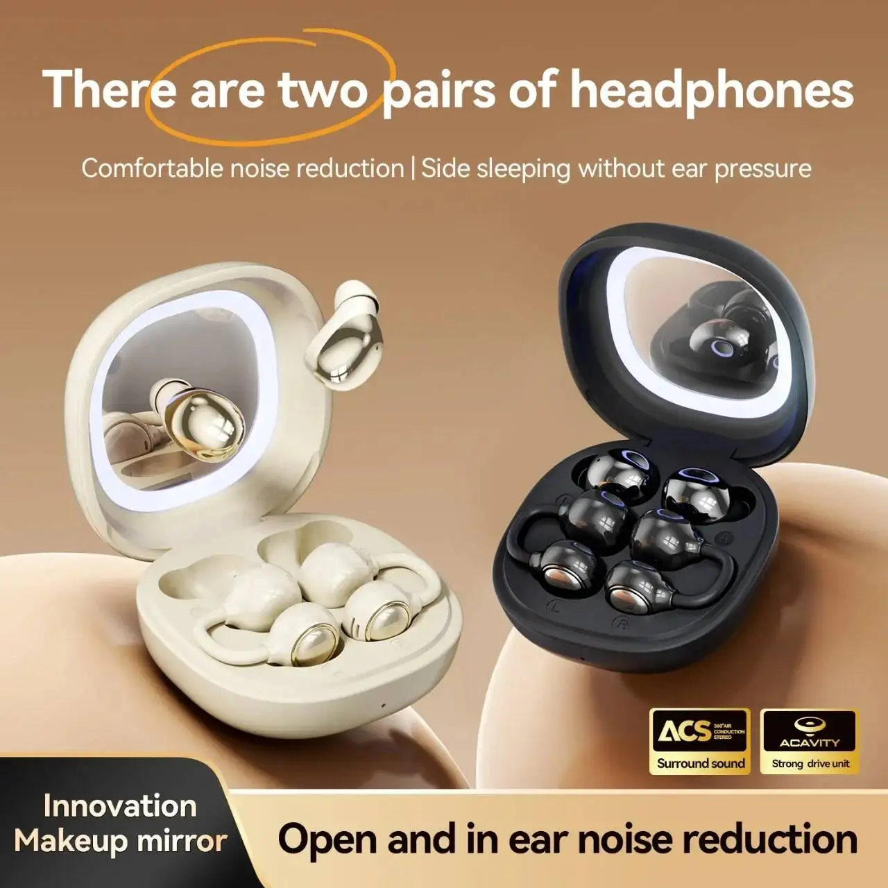 2 Pair of Wireless Bluetooth 6.0 Earbuds Sleep Noise Cancelling Headphones Makeup Mirror Charging Case Ear Hook Sport Earphones