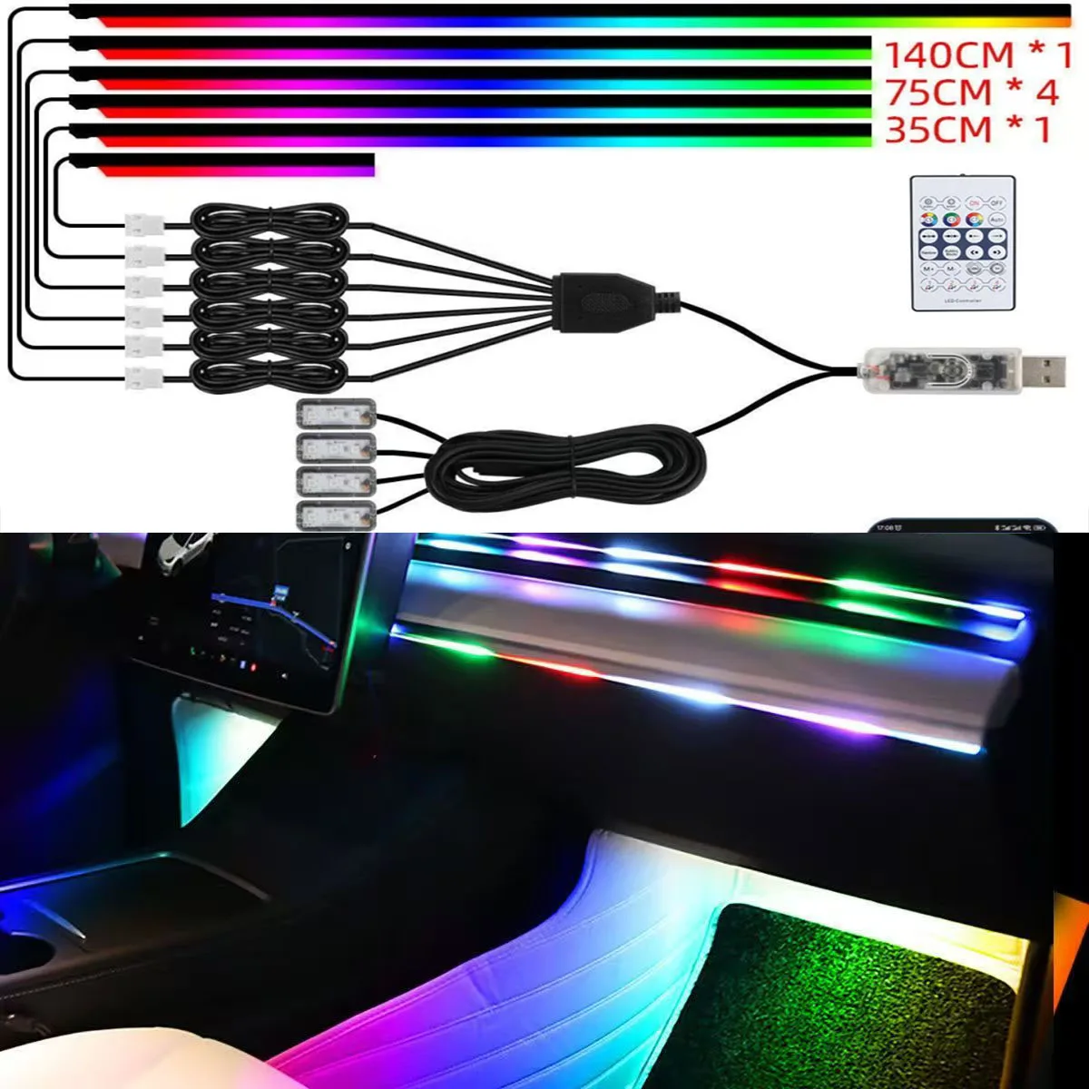 Car Interior Acrylic LED Ambient Lights USB APP Remote Control RGB Symphony Atmosphere Lamp with Cigar Lighter