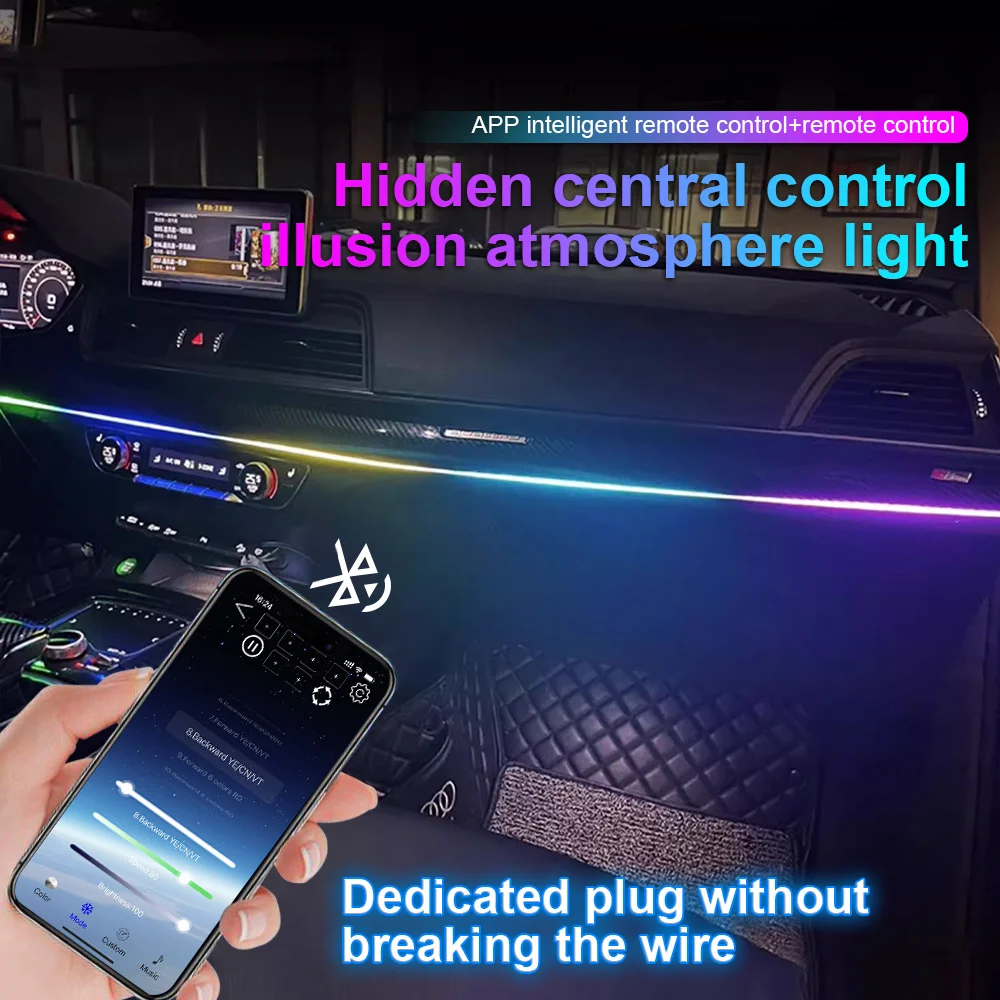 64 colors USB Car LED Ambient Light Acrylic Strips Dashboard Lights RGB Car Interior Hidden App Remote Control Atmosphere Lamp