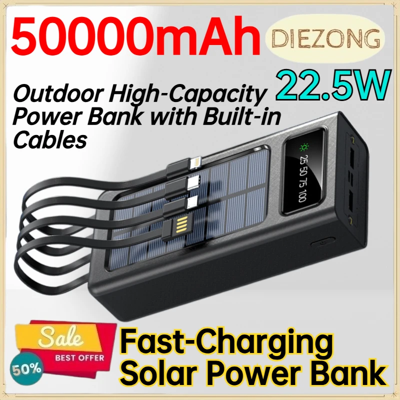 50000mAh 22.5W Fast‑Charging Solar Power Bank for Mobile Phones & Tablets Outdoor High‑Capacity Power Bank with Built‑in Cables