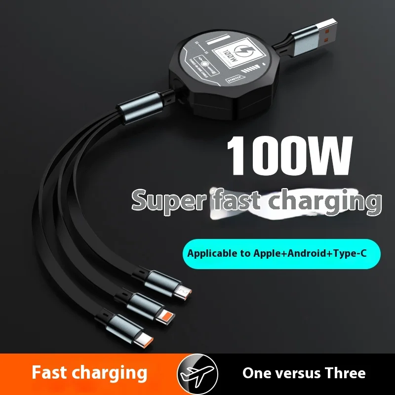 100W 3 In 1 Retractable Usb Cable Fast Charging And Data Micro Usb Type C For apple15 14 13 Pro Max Android Phone Xiaomi Cable
