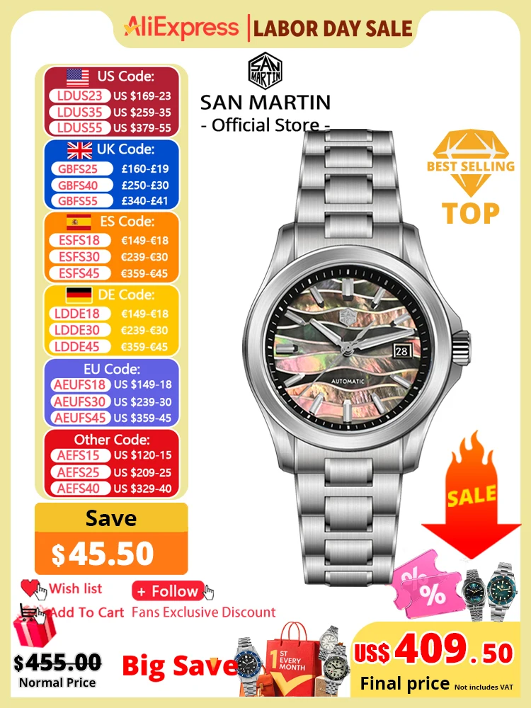 San Martin Official New 39mm Gradient Color Splicing MOP Dial Miyota 9015 Men Automatic Mechanical Watch Waterproof 100m SN0150