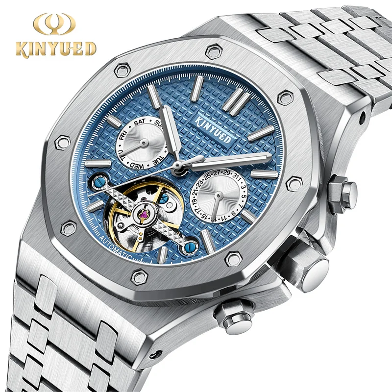 KINYUED Brand Fashion Blue Mechanical Watch Men Stainless Steel Waterproof Tourbillon Watches Date Week Automatic Wristwatches