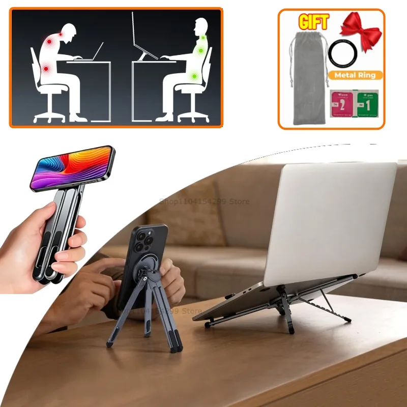 Portable Magnetic Phone Holder & Selfie Stick 3-in-1 Foldable Tripod Stand for IPhone IPad Tablet Laptop Desktop Use