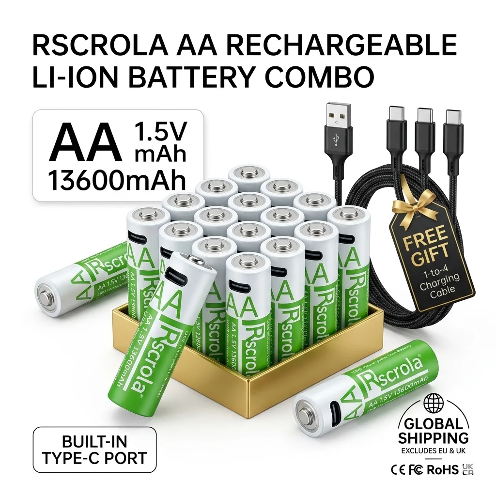 Rscrola 1.5V AA 13600mAh Rechargeable Lithium Battery Type C Fast Charging Long Lasting Li-ion Cell for Remote Toy Mouse