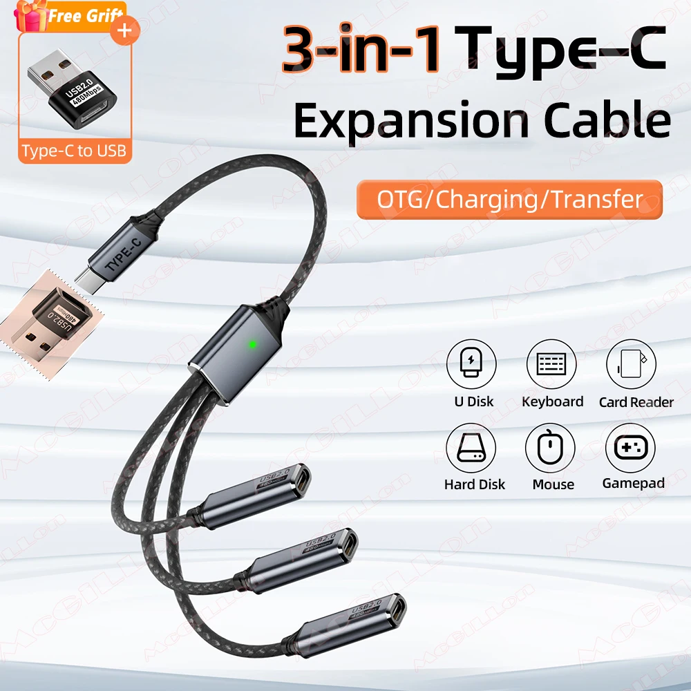 3 Ports USB HUB USB A TYPE-C OTG Data Charger Splitter Cable For Phone Printer Mouse keyboard Wireless WIFI Bluetooth HDD U Disk