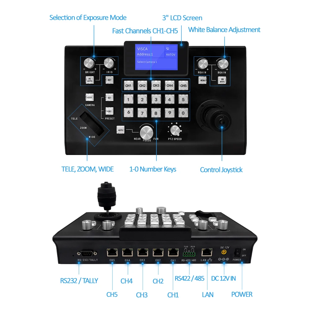 High Quality PTZ Keyboard Controller For Fast Channels CH1-CH5 RS232/RS422/RS485 Joystick Controller For Live Streaming