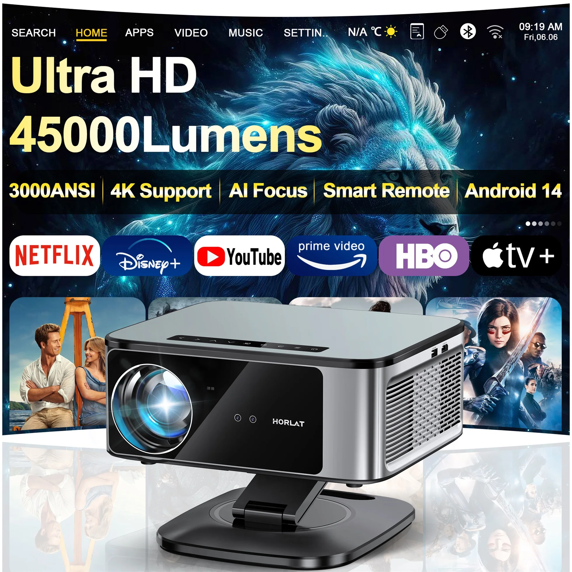 2026 HORLAT 45000 Lumens 4K Ultra HD Projector TOF Focus Android 14 WiFi 6 1080P Full HD Daylight Home Theater Movie Projector