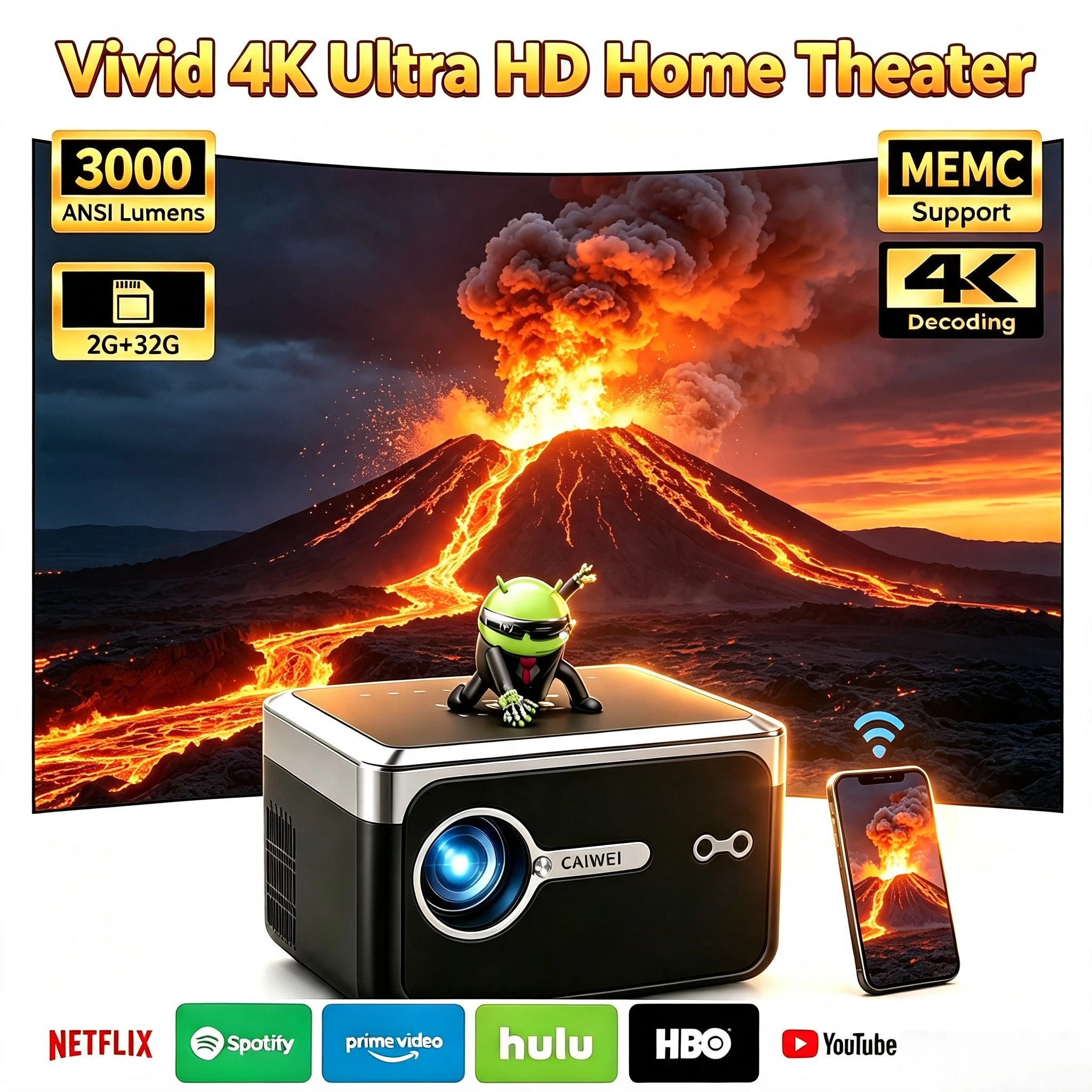 New 4K Portable Projector Auto Focus WiFi Bluetooth HDMI Android Samrt TV Full HD Native 1080P Home Theater Beam Projector 2026