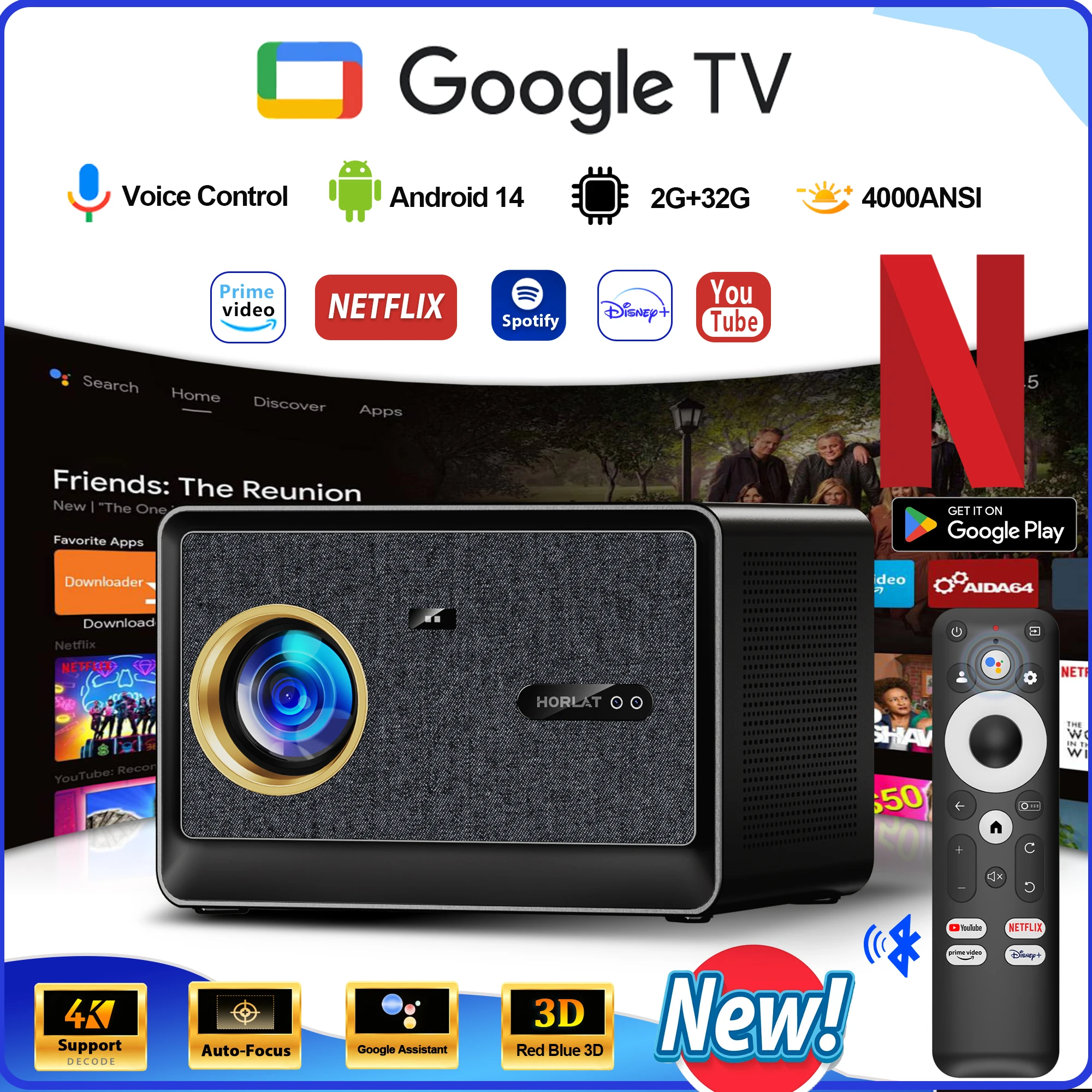 HORLAT 4000ANSI Lumen Ultra HD Projector Video Movies Google TV Home Theater 32GB Android 14 Auto Focus Smart TV Beam Projectors