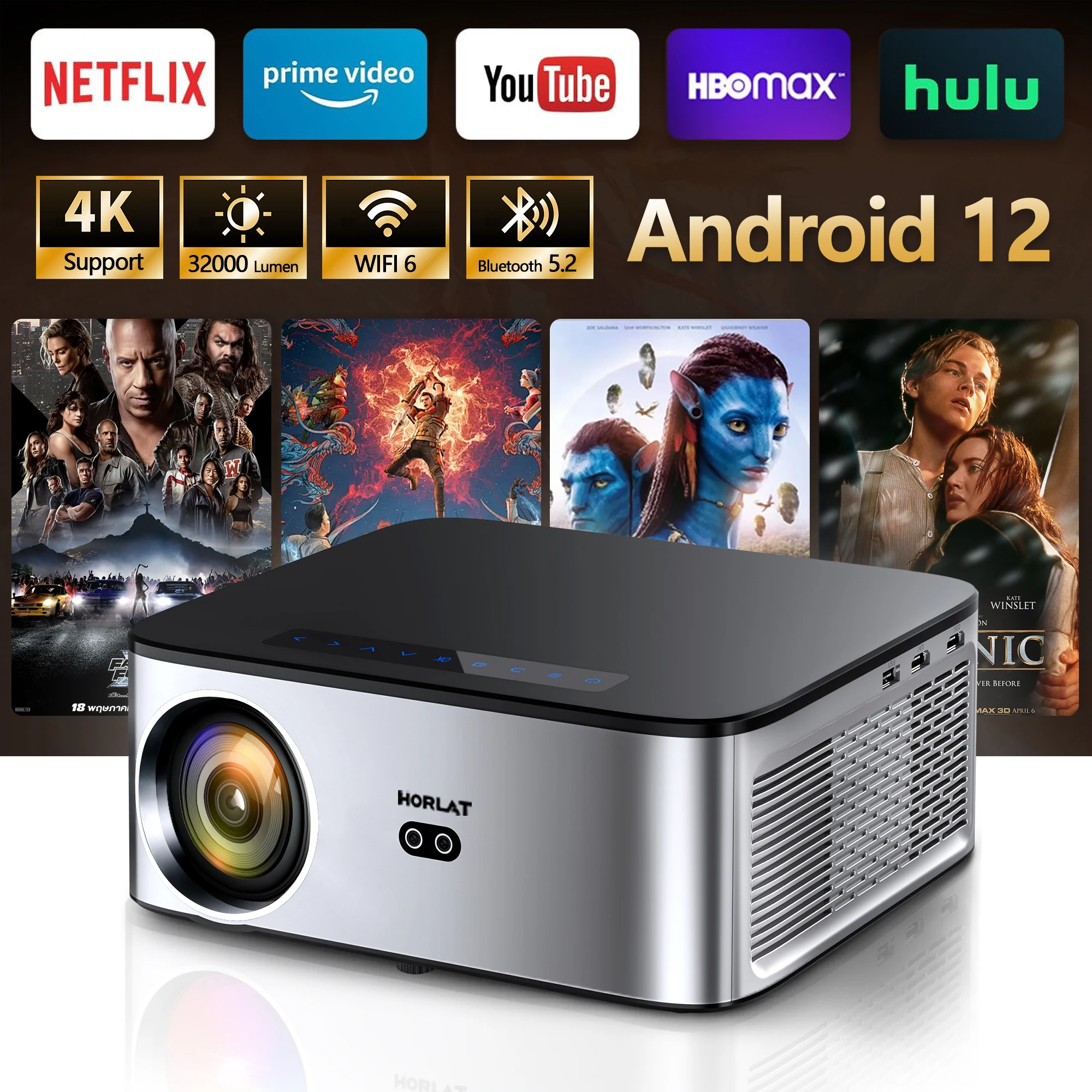 HORLAT Android Projector 1600Ansi Lumens Outdoor 1080P Full HD Beamer 4K Video WiFi Projector 3D Movie Home Theater Game Devices