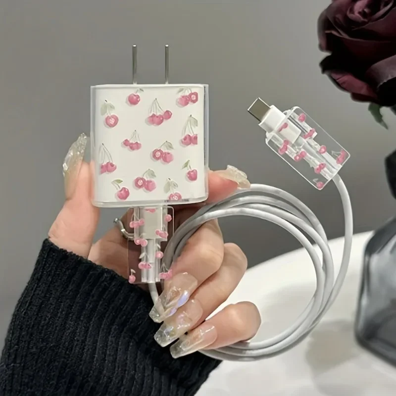 Pink Small Flower Print Cable Protection Case 18W/20W Suitable for 13/14 Plus Chargers iPhone 16 Pro max Charging Cable Shell