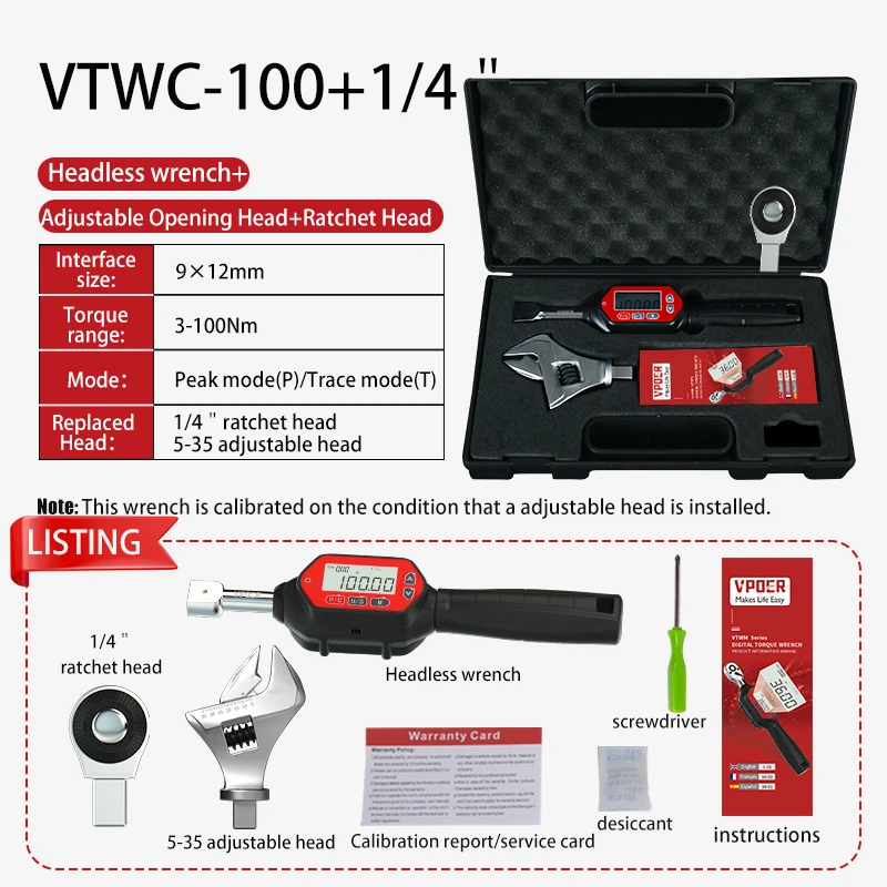 Adjustable 3-100Nm Digital Torque Wrench 1/4'' Ratchet Head Set Spanner Electronic Jaw Open End with Buzzer & LED, Calibrated