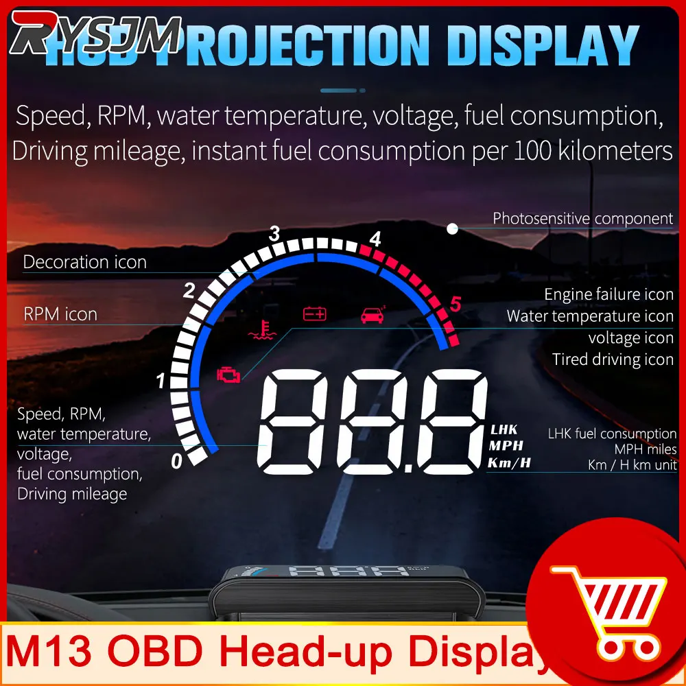 Digital Alarm Set M13 OBD HUD Speedometer Compass Clock Speed Meter Car Head Up Display Windshield Projector Speed Auto Parts