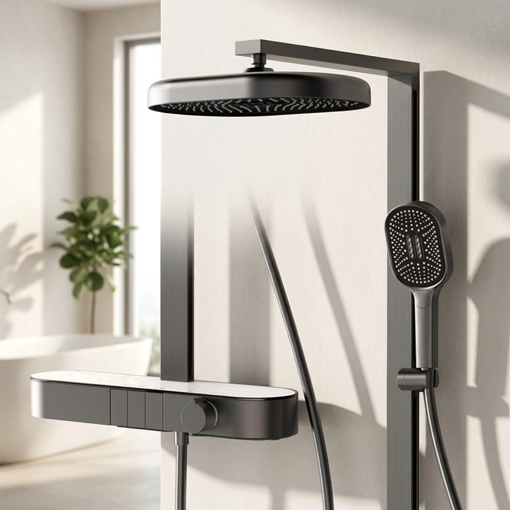 Gun Grey Thermostatic Shower System Digital Display Piano Key 47cm Glass Shelf 360mm Rain Shower Head Waterfall Spout Set