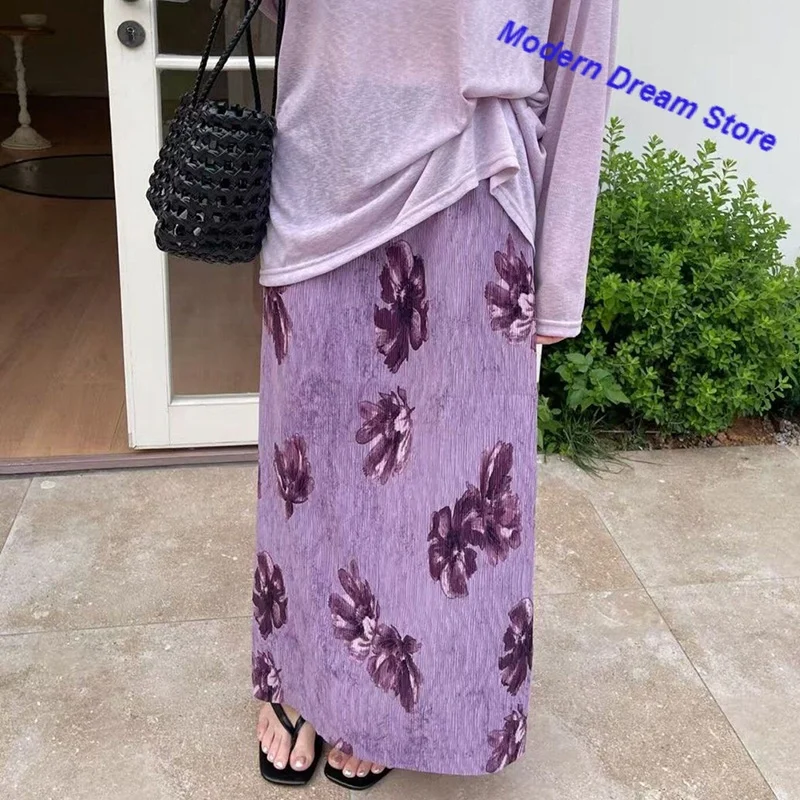 Korean Purple Lavender Pure Want to Wrap Floral Folds Joker Skirt Women's Spring and Autumn New Retro Design Straight Skirt