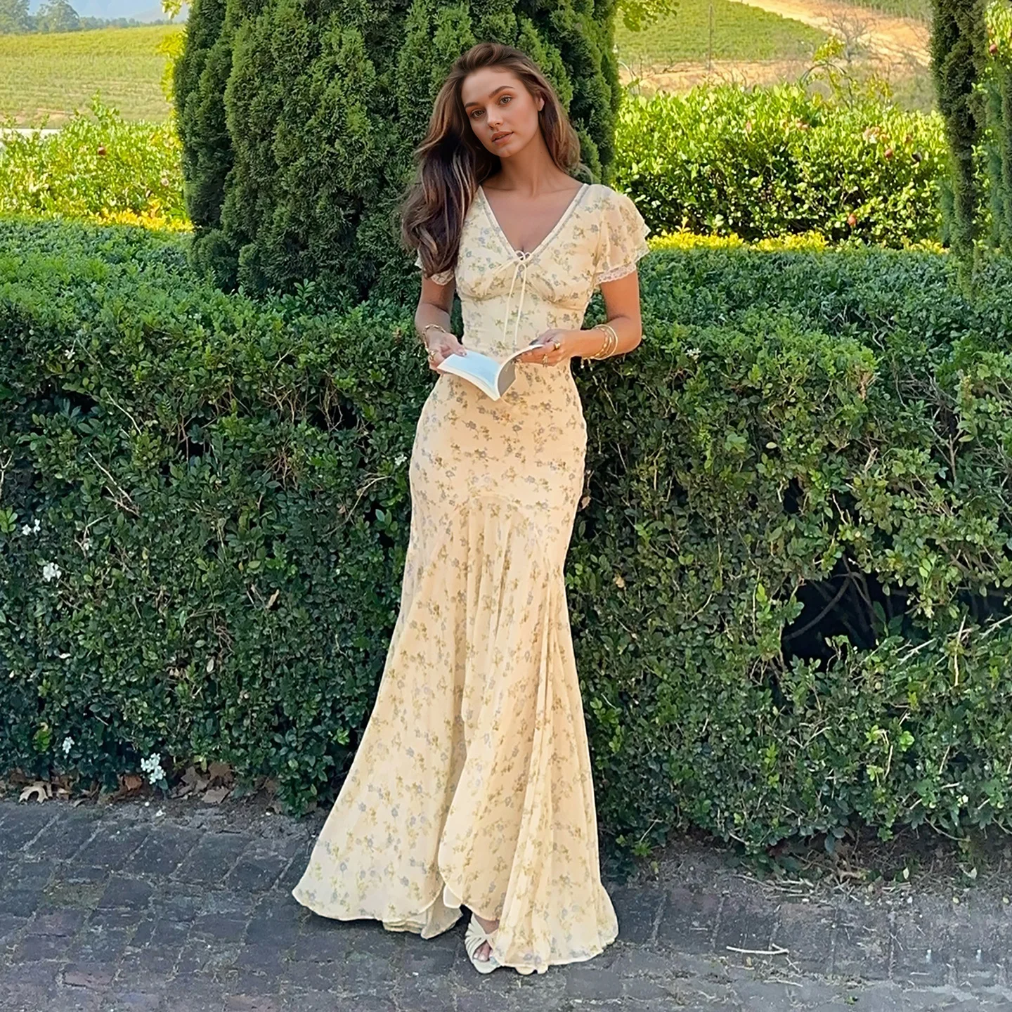 Suninbox Summer Elegant Floral Lace V-Neck Dress Ruffle Sleeve Tie Front Long Dress Garden Party Wedding Guest women
