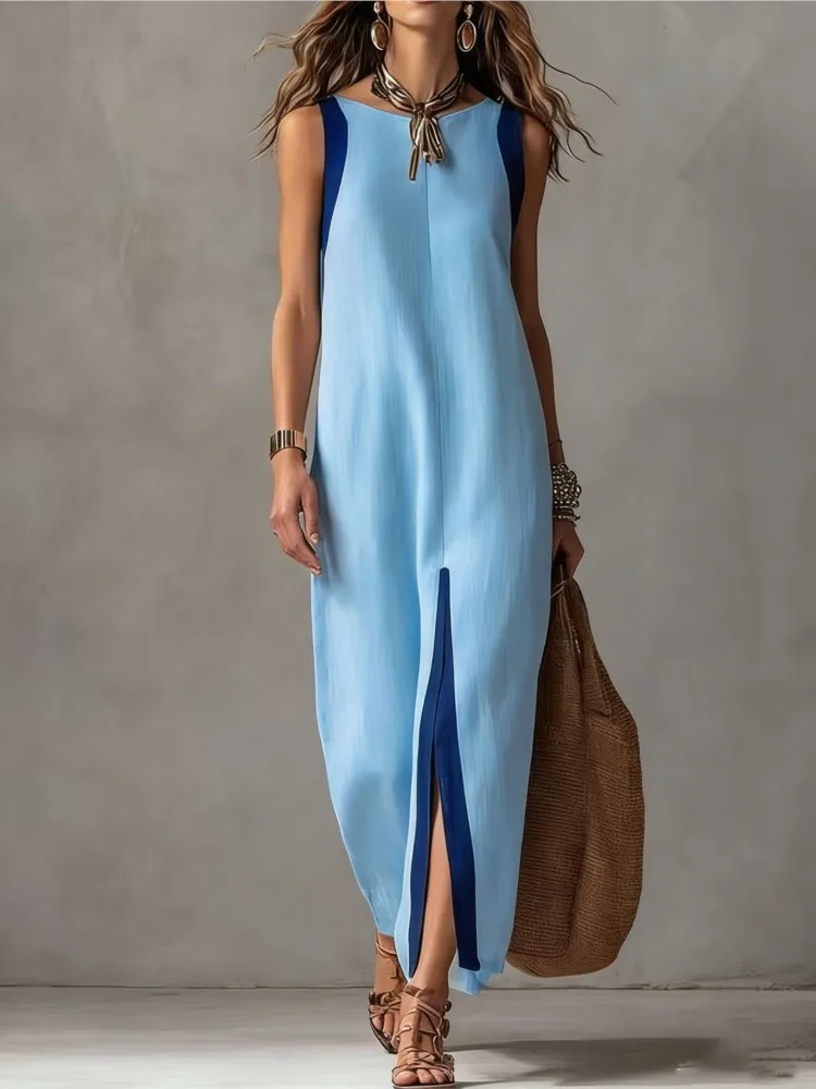 Sleeveless Round Neck Mid-waist Dress Asymmetric Hem Maxi Dress 2026 Front Slit Contrast Color Decoration Casual Women's Dress