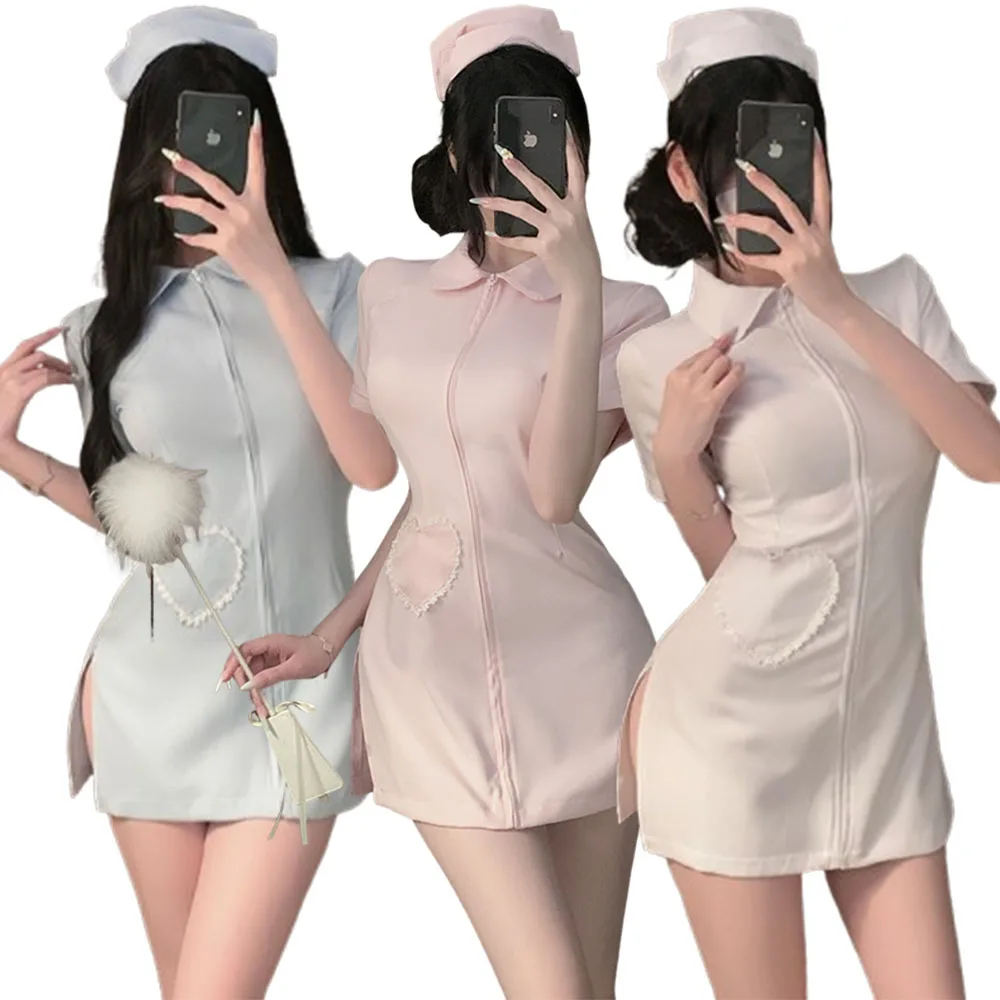 Plus Size Sexy Nurse Cosplay Costume Front Zipper Mini Dress Lace Pocket Side Slit Uniform Women Halloween Party Roleplay Outfit