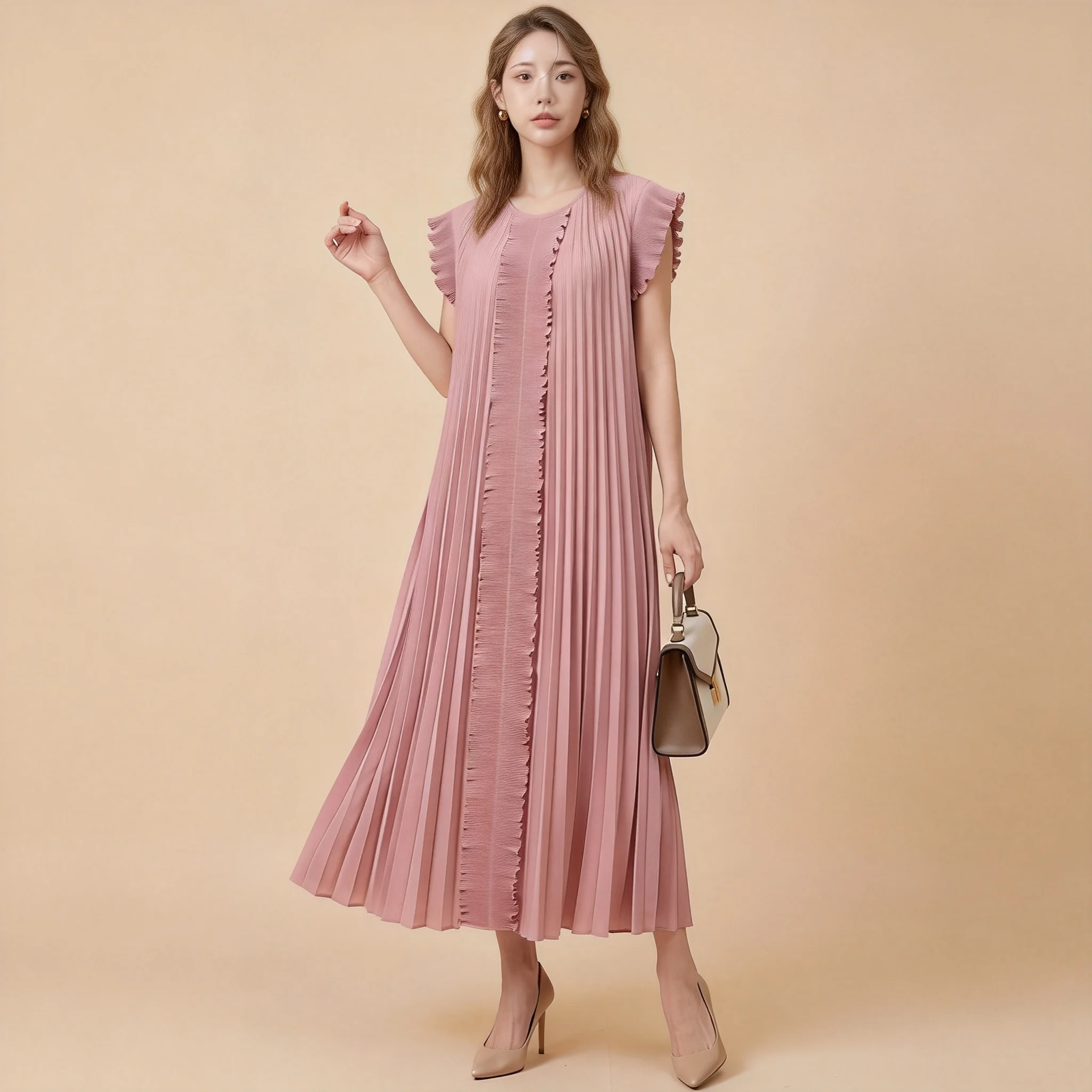 Miyake Pleated Long Dress | Elegant Wide Pleats Sleeveless Dress for Daily & Party Wear | High End Casual Women's Dress