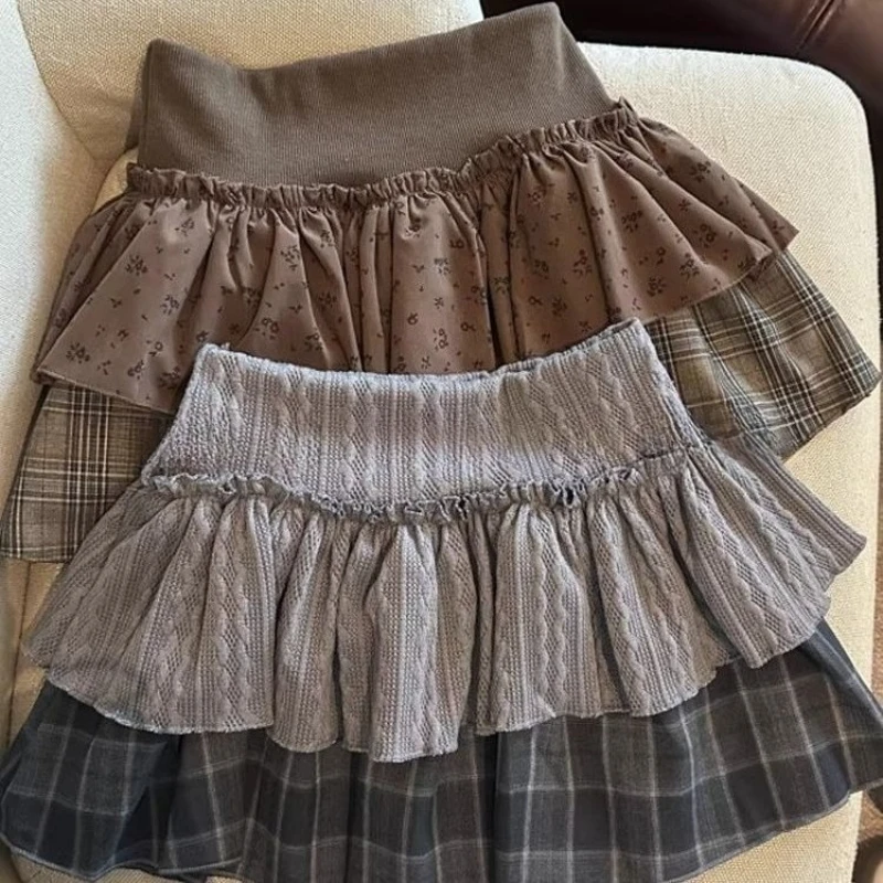 Deeptown Vintage Plaid Skirt Women Harajuku Japanese Sweet Preppy Style Mini Skirt Autumn Winter Patchwork Ruffle Short Skirts