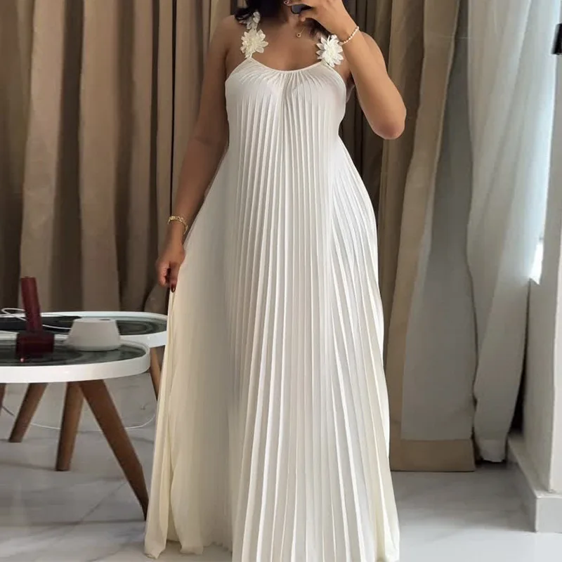 Women Dresses Solid Pleated Dress Floral Camisole A Line Backless Strapless Sleeveless Full Length Casual Loose Fit 2026 Spring