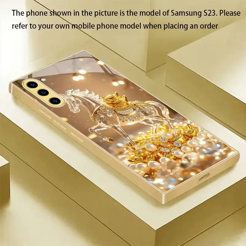Crystal Horse & pearl Pattern Tempered Glass Phone Case For Samsung Galaxy S25 Ultra S24 S23 Plus S25 FE S23Ultra Premium Cover