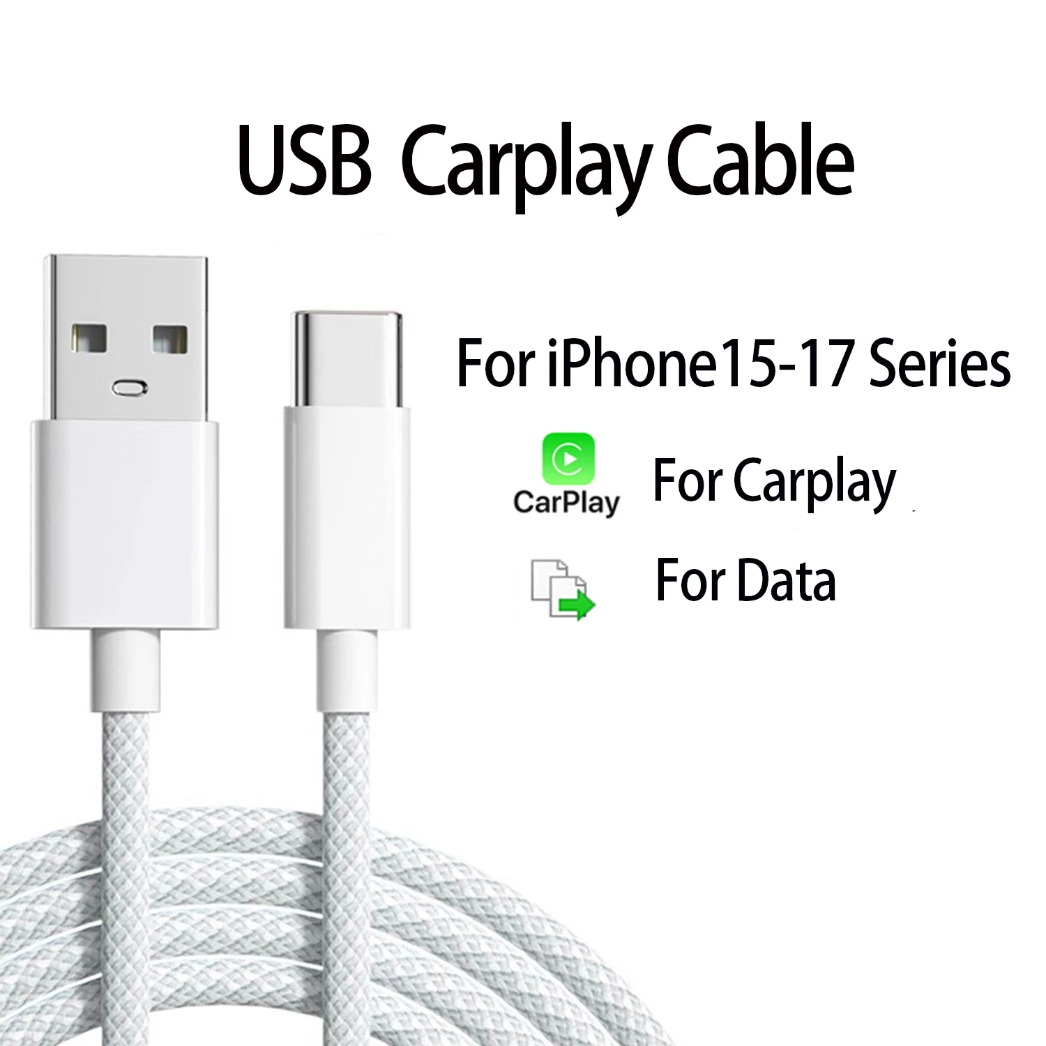 USB to Type-C Nylon Braided CarPlay Cable for iPhone 17/16/15 Pro Max with Data Function for Photo & Video Transfer to Computer.