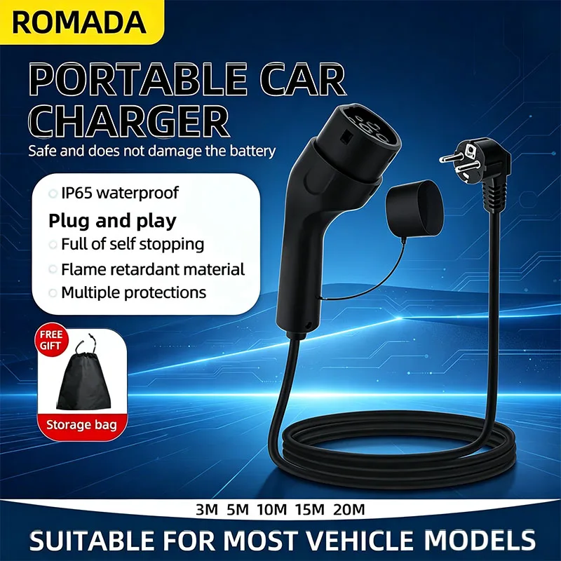 ROMADA Portable 16A EV Charger 3M 5M 10M 15M 20M Cable Type2 Black EVSE EU Plug Wallbox Adapter For Electric Vehicle 3.5KW