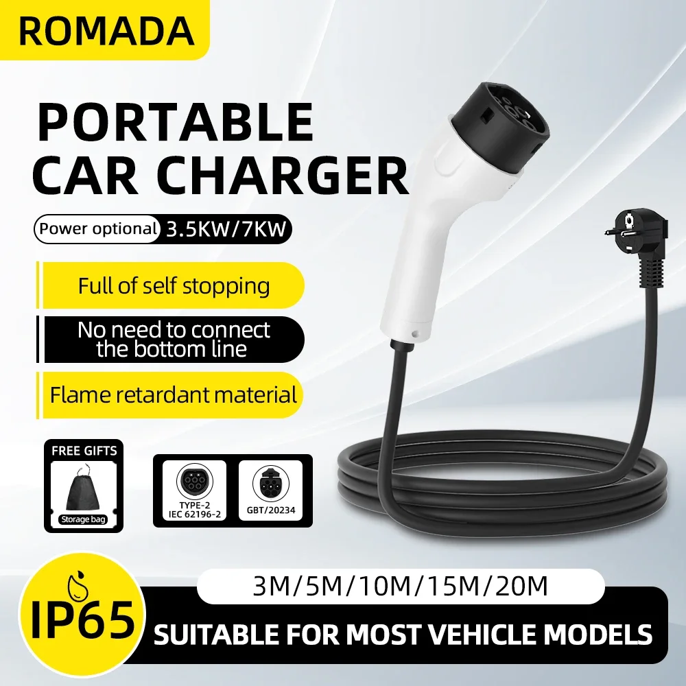 3.5KW 3.68kw 16A EV Portable Type2 IEC62196 Charger 3M 5M 10M 15M 20M Cable EVSE EU Plug Wallbox Adapter For Electric Vehicle