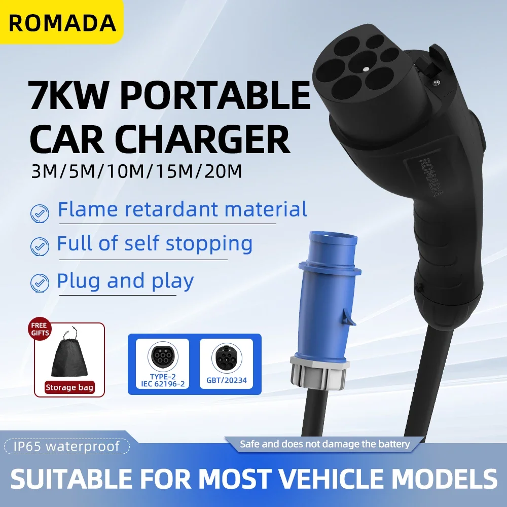 7KW 32A Portable Electric Vehicle EV Charger with 3M-20M Cable GB/T20234 EVSE CEE Plug Wallbox Adapter for Electric Cars