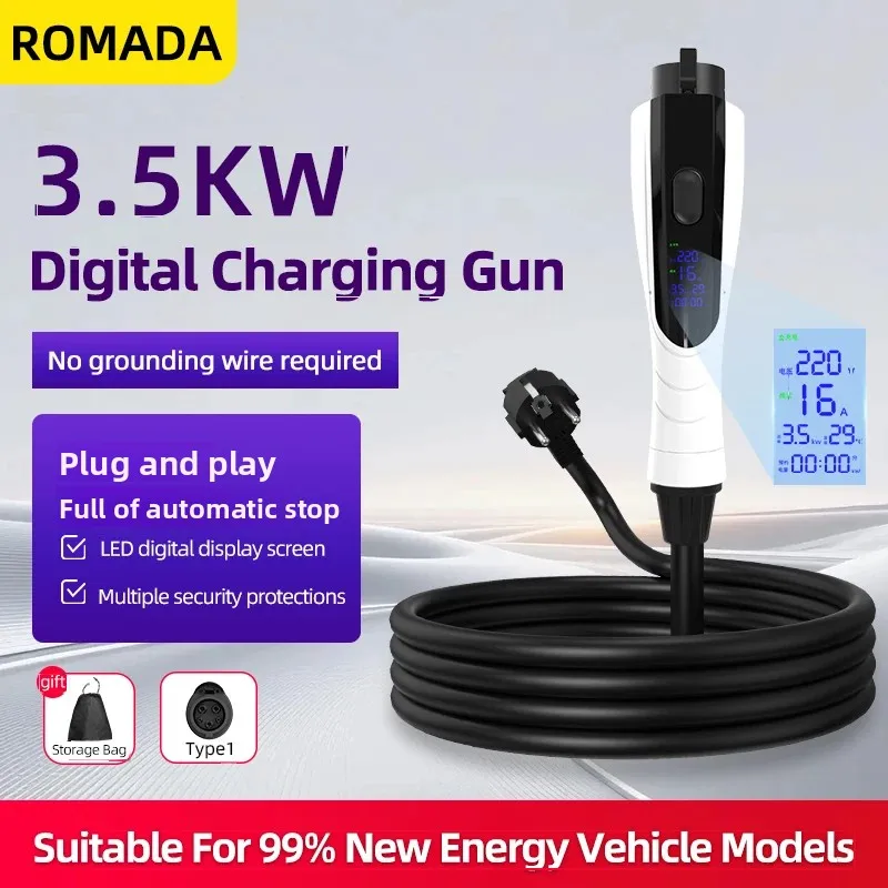 3.5KW 3.68KW 16A Type1 SAE J1772 EU plug EV Portable Charger 3M-10M Cable EVSE EU Plug Wallbox Adapter For Electric Vehicle