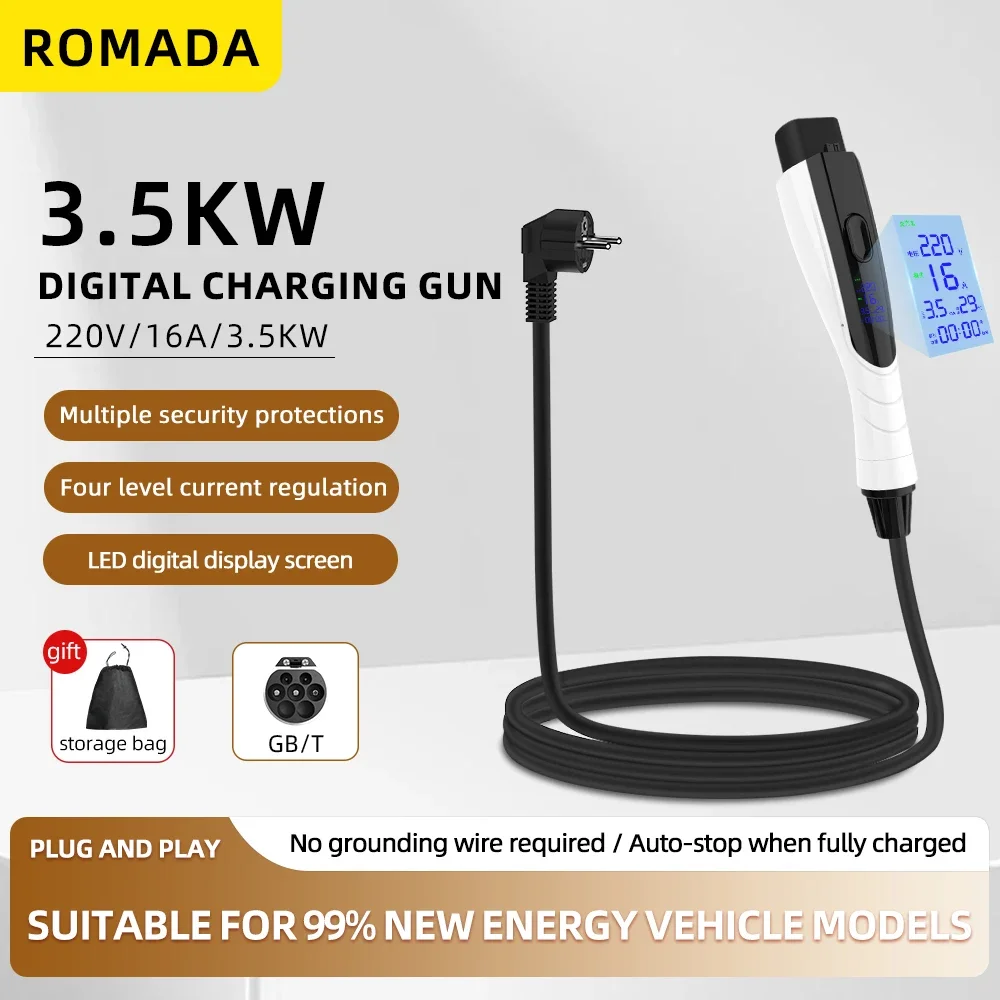 NEW 3.5KW 3.68KW 16A GB/T20234 EV Portable Charger 3M-20M Durable Cable EVSE EU Plug Wallbox Adapter With Display Screen For EV