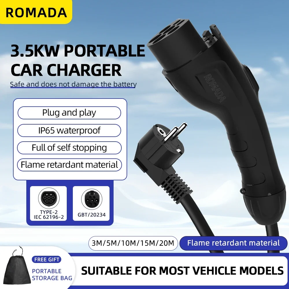 GB/T20234 3.5KW 16A Portable EV Charger with Connector EU Plug 3M-20M Cable Length Options Wallbox Adapter for Electric Vehicle