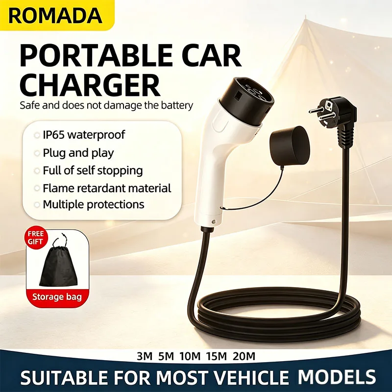 ROMADA 16A EV Portable Charger 3M 5M 10M 15M 20M Cable Type2 White EVSE EU Plug Wallbox Adapter For Electric Vehicle 3.5KW
