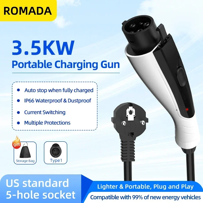 Portable EV Charger 16A 3.5KW Type1 to J1772,3M/5M/10M Cable Electric Vehicle Charging Station for Fast Home Charging (ROMADA)