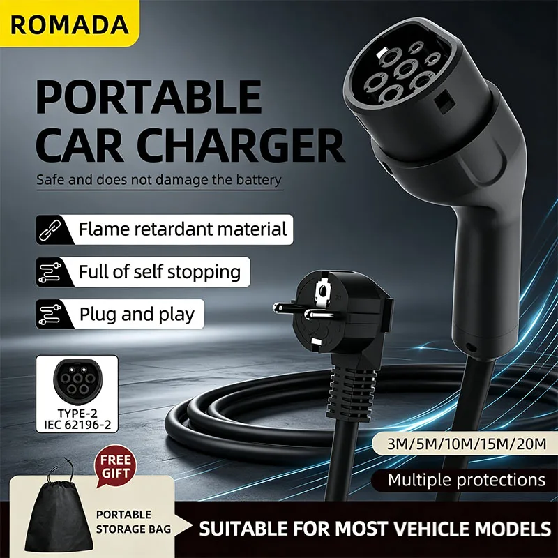 ROMADA Portable EV Charger with 3M-20M Cable Type2 EU Plug Wallbox Adapter Plug And Charge for Electric Vehicles 3.5KW 16A