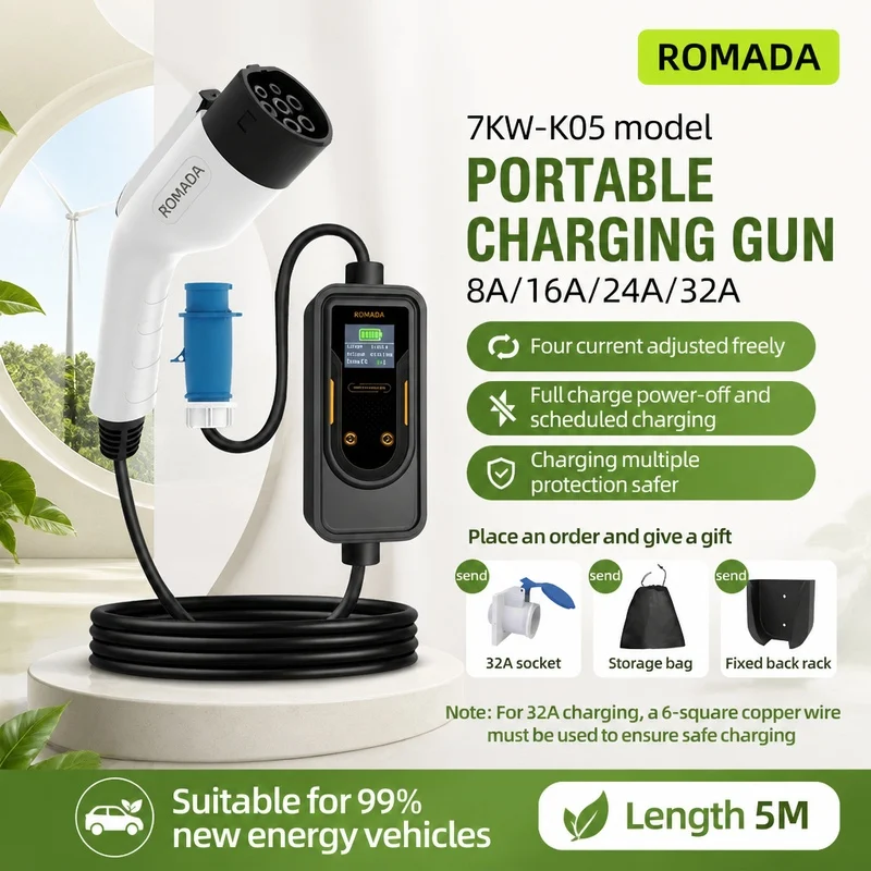 7KW Portable Electric Vehicle Charger GB/T 20234 EU Plug Connector 32A 5M Wallbox Charging Station For EV IEC 62196-2 Type2